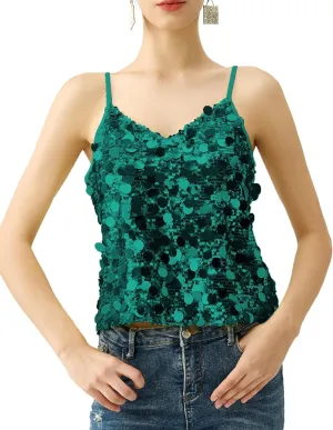 Women's Sequin Tops - V-Neck Sparkle Tank Tops - Spaghetti Strap Shimmer Camisole Party Club Cocktail Cami