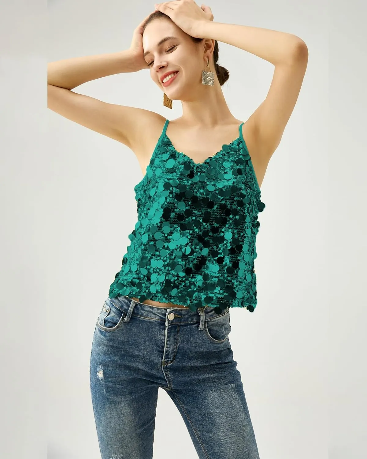 Women's Sequin Tops - V-Neck Sparkle Tank Tops - Spaghetti Strap Shimmer Camisole Party Club Cocktail Cami