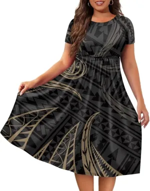 Women's Short Sleeve Polynesian Tribal Print Puletasi Samoa Ptaha Swing Dress Casual Loose T-Shirt Dress