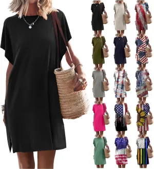Womens Side Split Summer Dresses Batwing Sleeve American Flag Print Casual Patriotic Short Sleeve Mini Dress