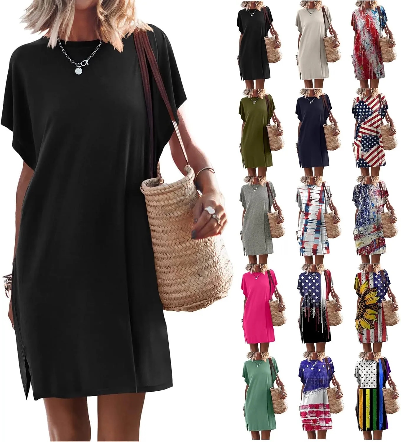 Womens Side Split Summer Dresses Batwing Sleeve American Flag Print Casual Patriotic Short Sleeve Mini Dress