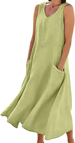 Women's Summer Casual Loose Sundresd Women's Summer Casual Sleeveless Long Maxi Beach Dress Cotton Linen Summer