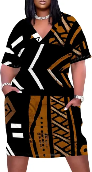 Women's Summer Casual Plus Size Short Sleeve Oversize V Neck Tshirt Loose Midi Dress A line with Pockets Beach Vacation Dress