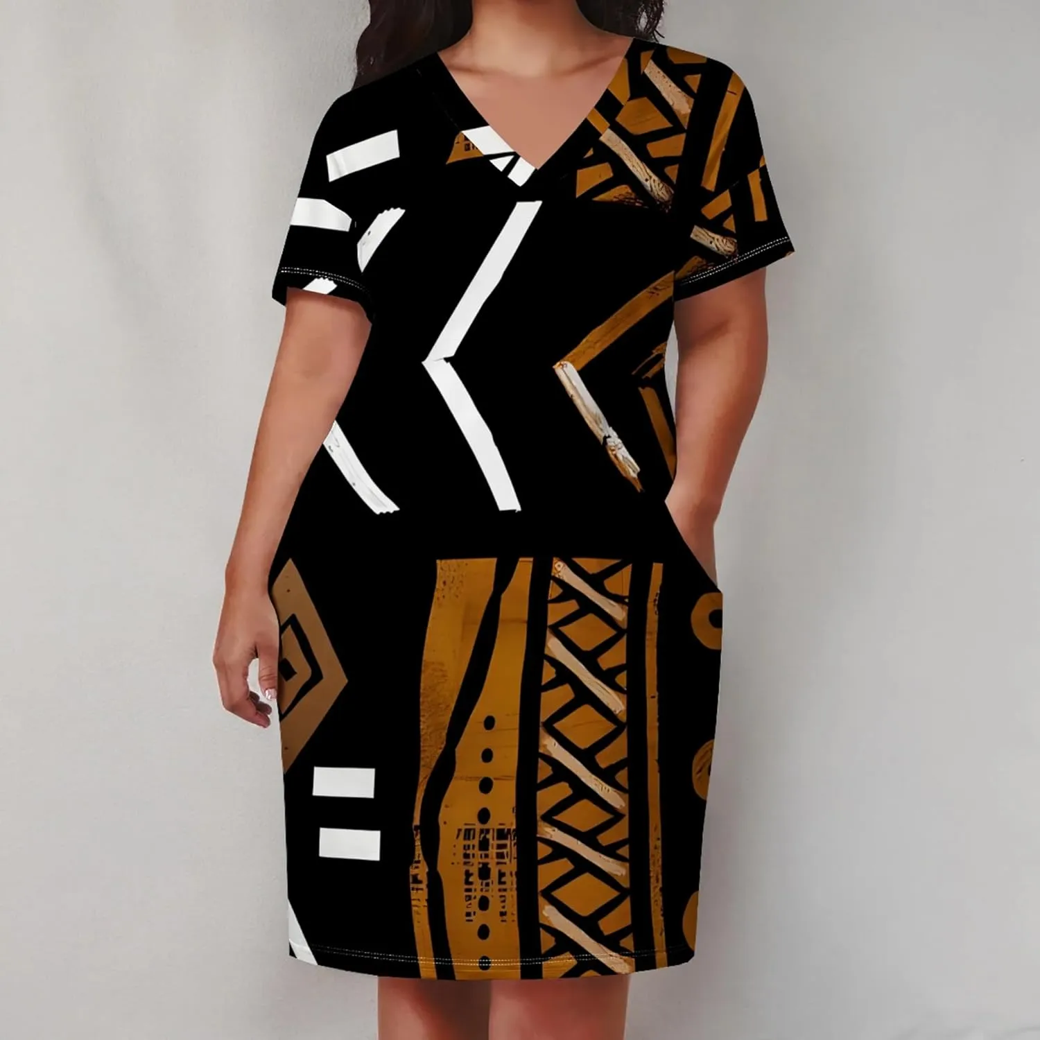 Women's Summer Casual Plus Size Short Sleeve Oversize V Neck Tshirt Loose Midi Dress A line with Pockets Beach Vacation Dress