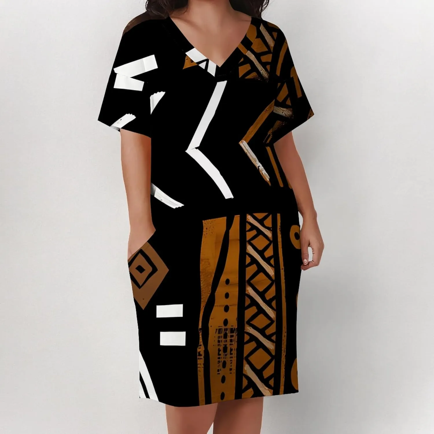 Women's Summer Casual Plus Size Short Sleeve Oversize V Neck Tshirt Loose Midi Dress A line with Pockets Beach Vacation Dress