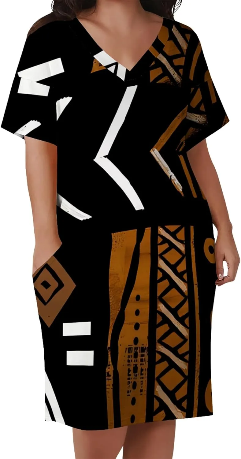 Women's Summer Casual Plus Size Short Sleeve Oversize V Neck Tshirt Loose Midi Dress A line with Pockets Beach Vacation Dress