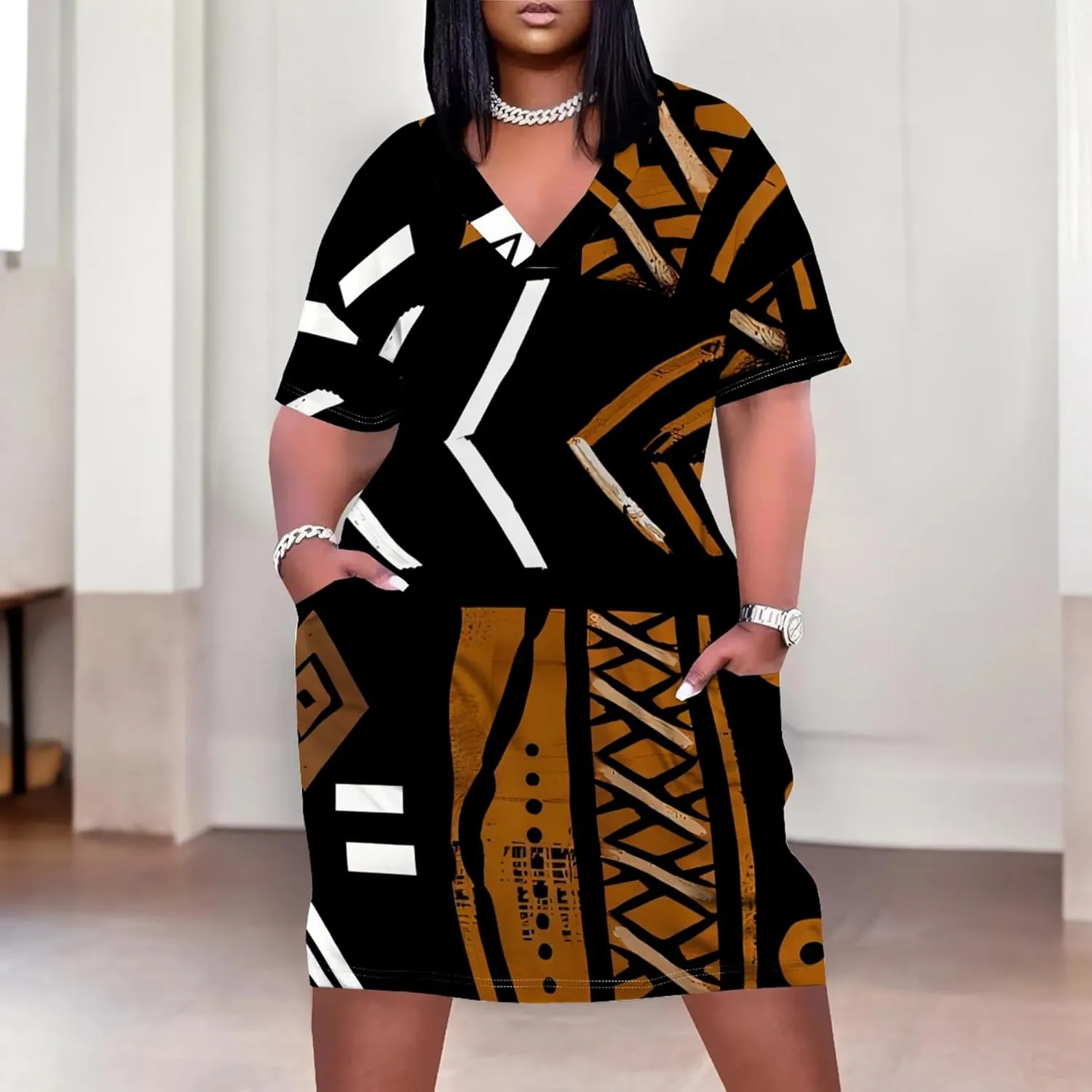 Women's Summer Casual Plus Size Short Sleeve Oversize V Neck Tshirt Loose Midi Dress A line with Pockets Beach Vacation Dress