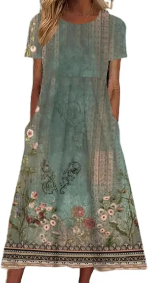 Women's Summer Dress Crew Neck 2025 Short Sleeve Vintage Ethnic Floral Print Sun Dresses Loose Casual Boho Dress