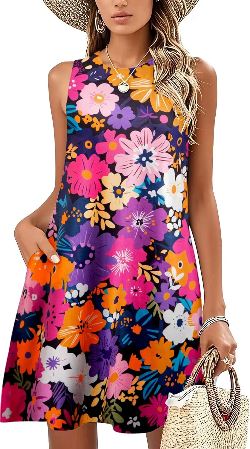 Women's Summer Dresses Beach Sundresses: Floral Sleeveless Tank Dress Hawaiian Tropical Casual Sun Dresses with Pocket
