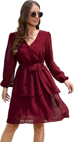 Women's Summer Dresses Casual Dress V Neck Ruffle High Waist Flowy Mini Dress with Belt