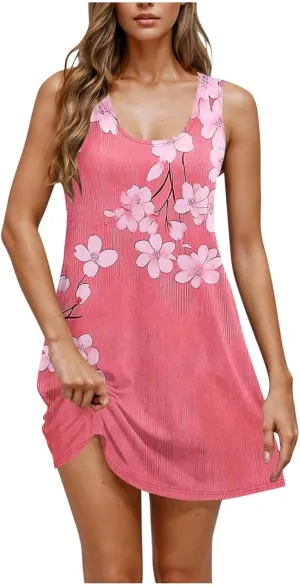 Women's Summer Dresses with Pockets Boho Floral T-Shirts Mini Dress Casual U Neck Loose Tank Dresses Swimsuit Coverup