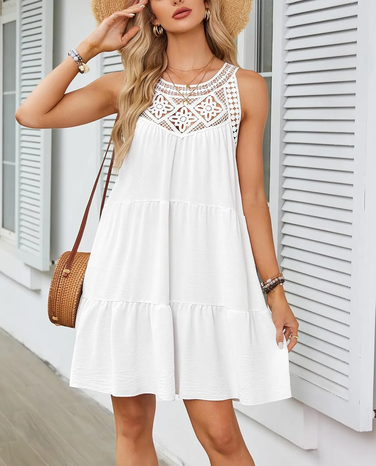 Women's Summer Halter Hollow Out Sleeveless Mini Dress Casual Ruffle Tiered A Line Sundresses Beach Vacation Dresses