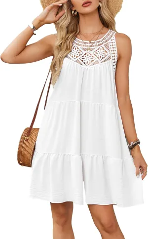 Women's Summer Halter Hollow Out Sleeveless Mini Dress Casual Ruffle Tiered A Line Sundresses Beach Vacation Dresses