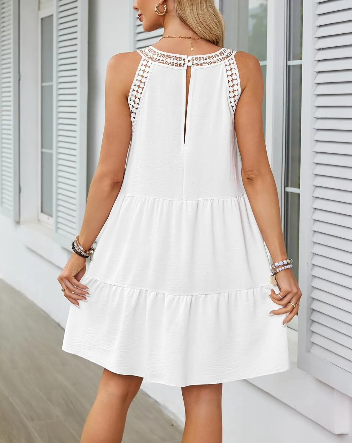 Women's Summer Halter Hollow Out Sleeveless Mini Dress Casual Ruffle Tiered A Line Sundresses Beach Vacation Dresses