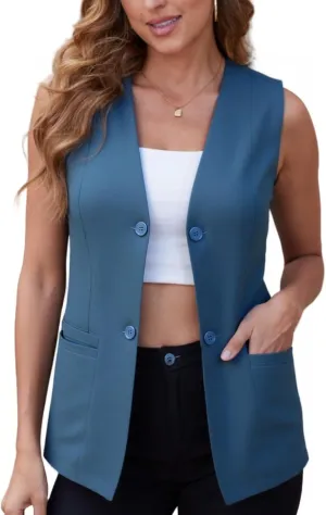 Womens Summer Linen Vest Top Waistcoat V Neck Pocket Button 2025 Work Casual Lightweight Lined Sleeveless Jacket