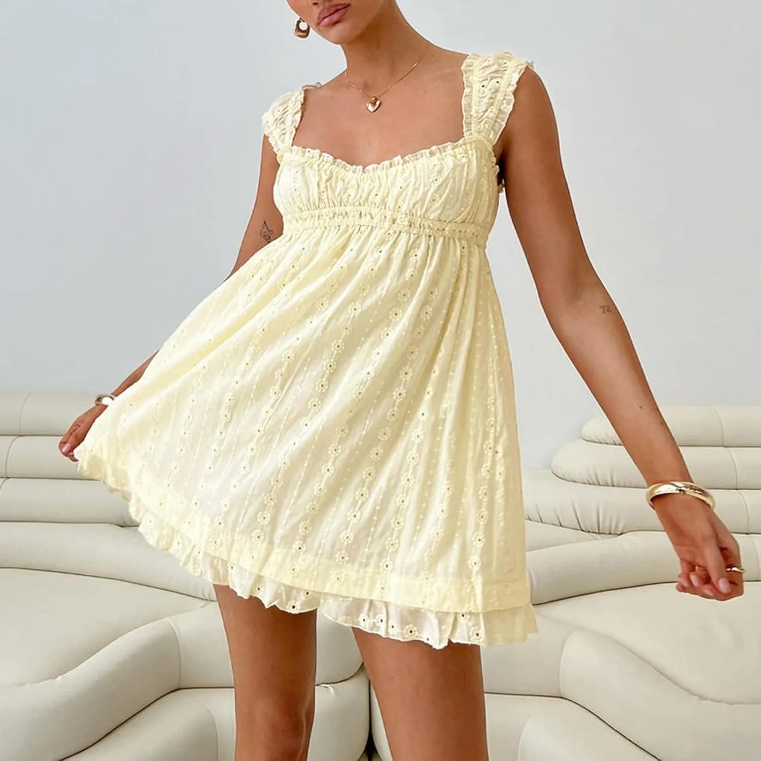 Womens Summer Mini Dress Casual Loose Floral Embroidery Ruffle A Line Dress Sleeveless Backless Short Beach Sundress