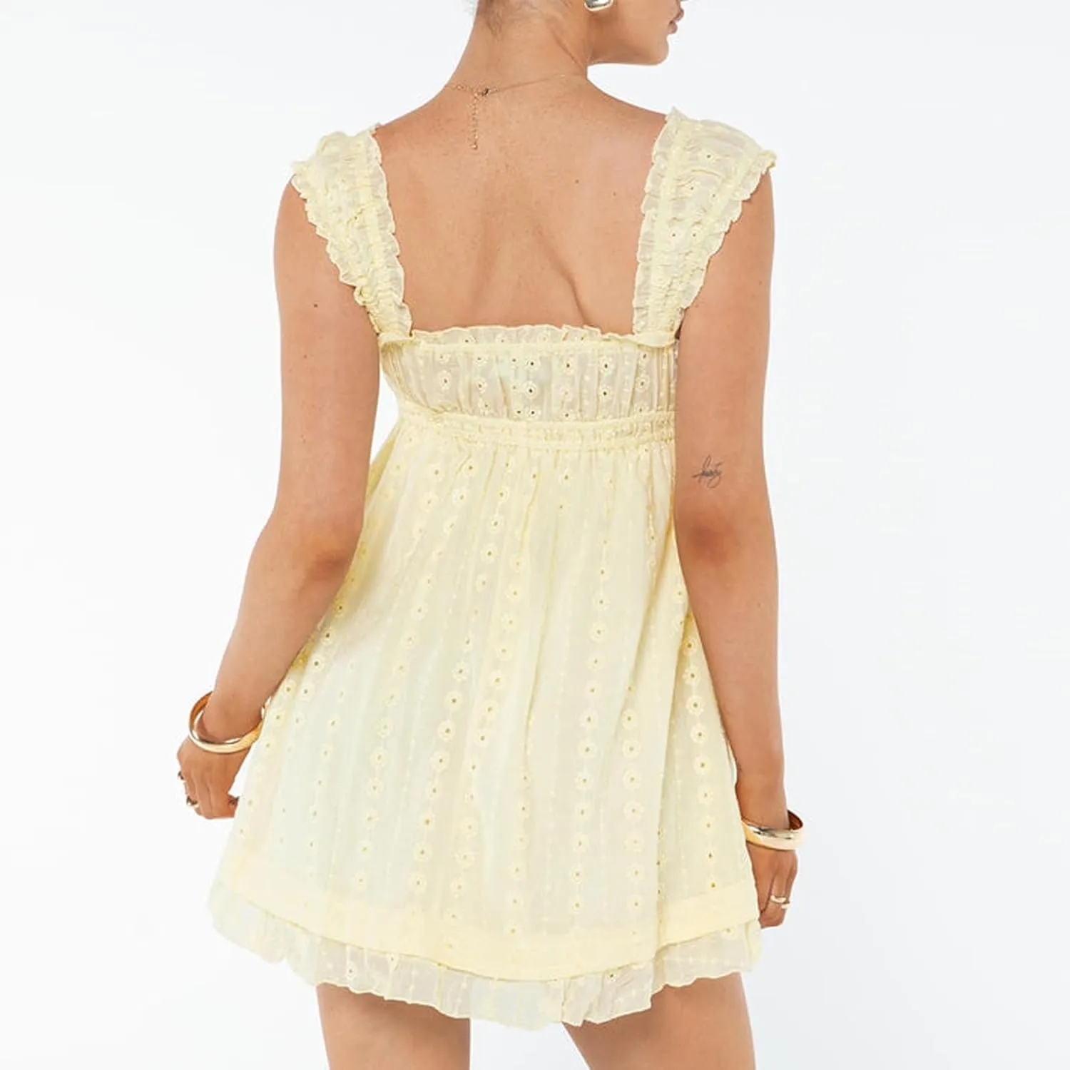 Womens Summer Mini Dress Casual Loose Floral Embroidery Ruffle A Line Dress Sleeveless Backless Short Beach Sundress
