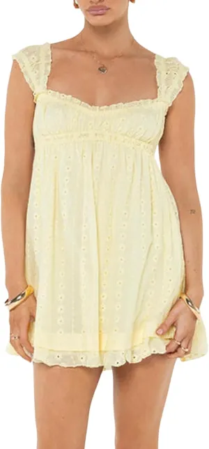 Womens Summer Mini Dress Casual Loose Floral Embroidery Ruffle A Line Dress Sleeveless Backless Short Beach Sundress