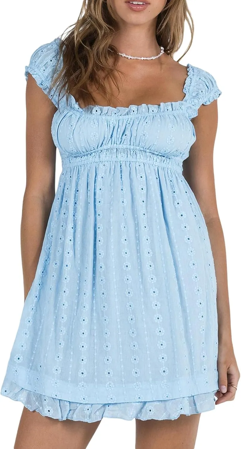 Women's Summer Y2k Mini Dress Floral Embroidery Ruffle Casual A Line Sundress Beach Club Streetwear