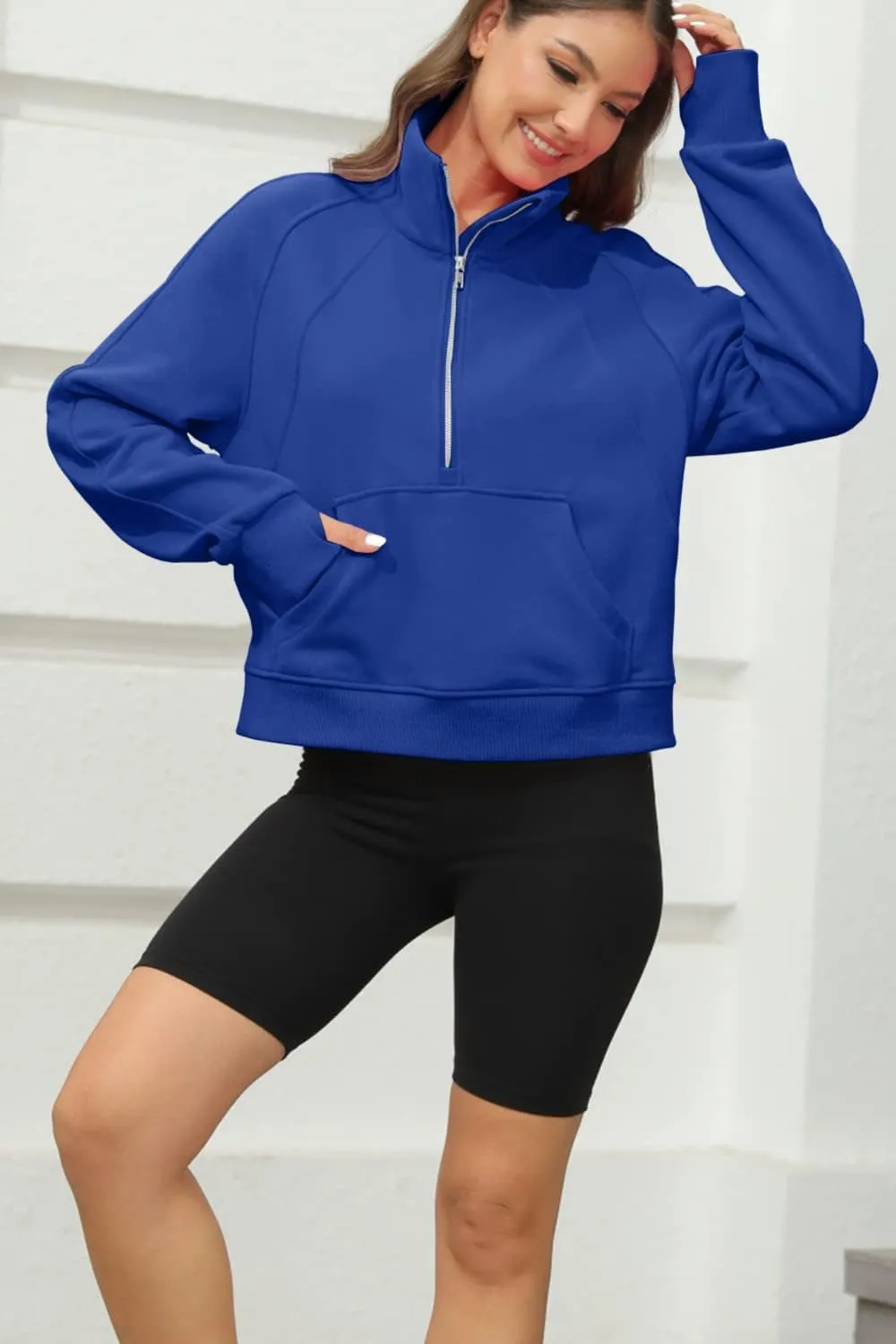 Womens Sweatshirts Half Zipper Crop Pullover Funnel Neck Fleece Lined Zip Up Long Sleeve Tops Thumb Hole