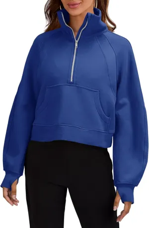 Womens Sweatshirts Half Zipper Crop Pullover Funnel Neck Fleece Lined Zip Up Long Sleeve Tops Thumb Hole