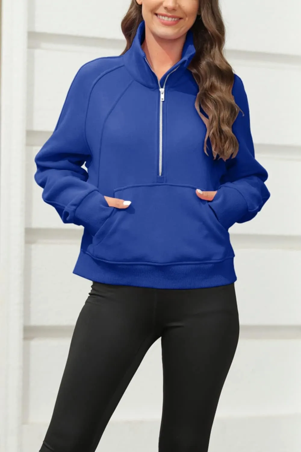 Womens Sweatshirts Half Zipper Crop Pullover Funnel Neck Fleece Lined Zip Up Long Sleeve Tops Thumb Hole