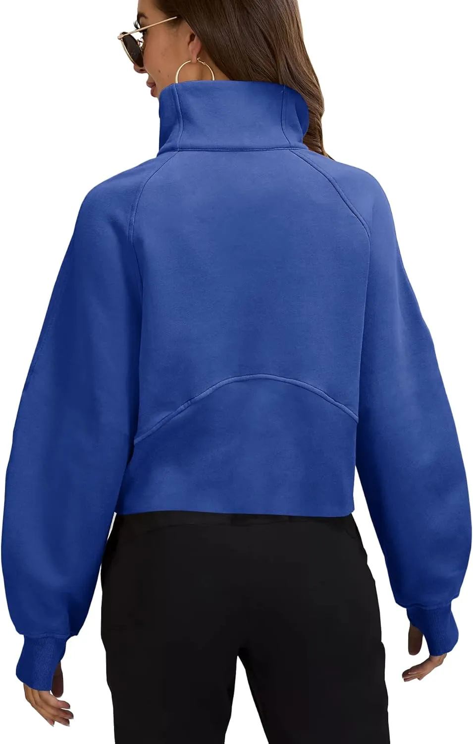 Womens Sweatshirts Half Zipper Crop Pullover Funnel Neck Fleece Lined Zip Up Long Sleeve Tops Thumb Hole