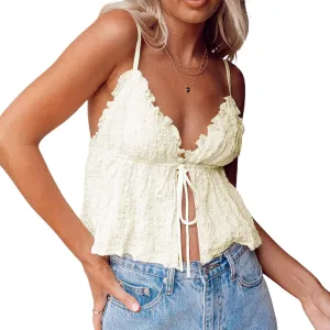 Women's Y2k Tank Tops V Neck Ruched Front Tie Up Camisole Solid Color Ruffle Backless Summer Vest Tops Streetwear