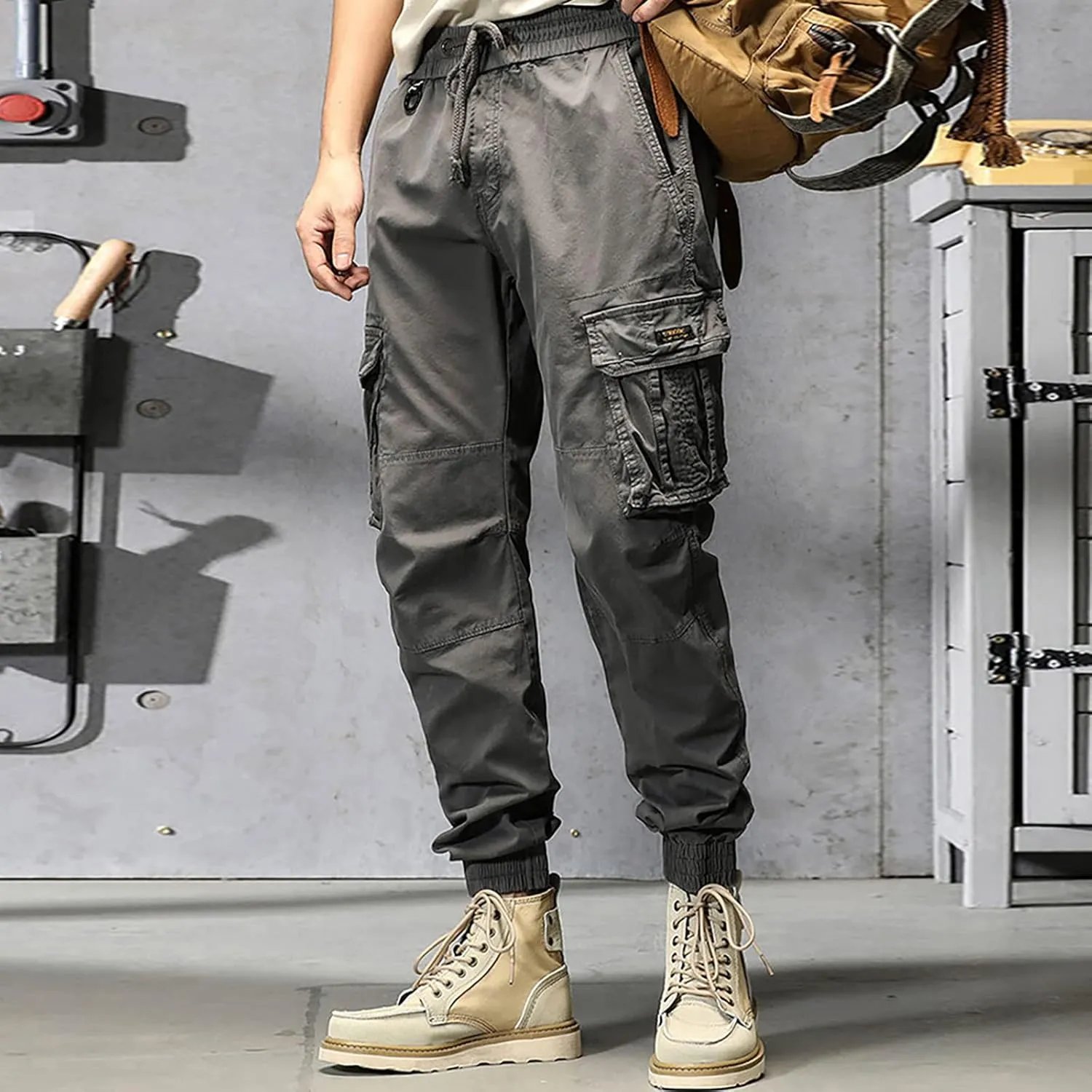 Work Pants for Men Slim Fit Lightweight Cargo Sweatpants Stretch Waistband Workout Outdoor Athletic Hiking Pants