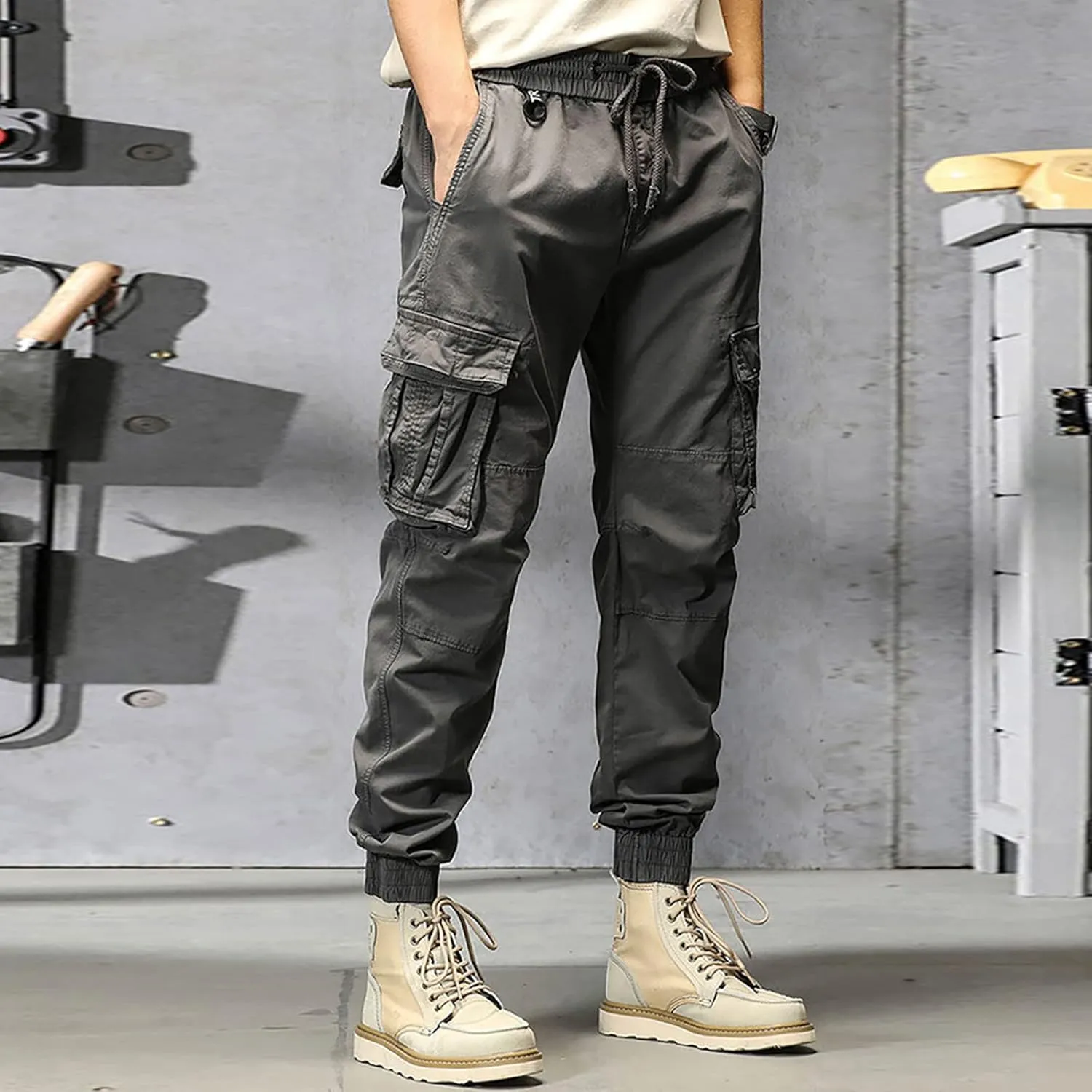 Work Pants for Men Slim Fit Lightweight Cargo Sweatpants Stretch Waistband Workout Outdoor Athletic Hiking Pants