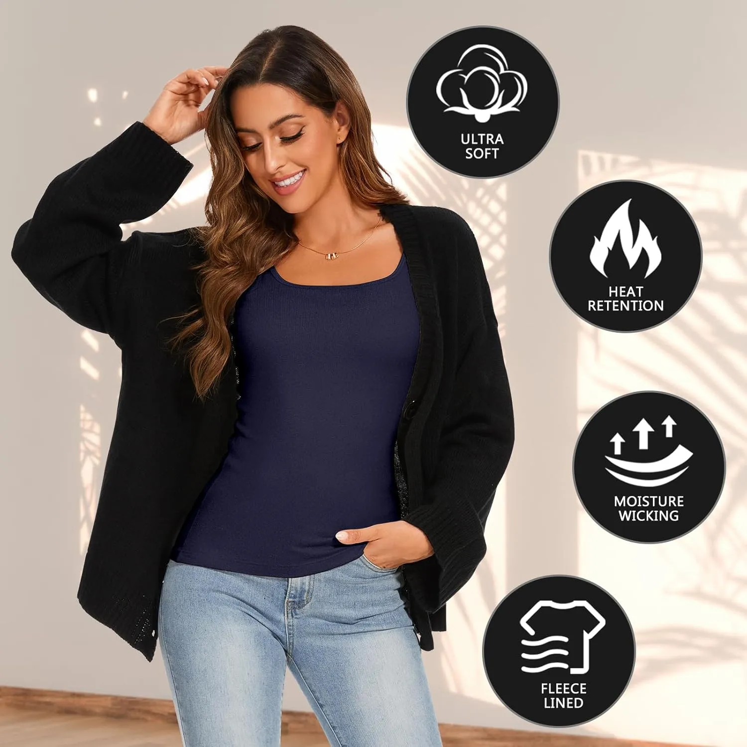 WOWENY Thermal Tank Tops for Women Adjustable Spaghetti Strap Base Layer Soft Fleece Lined Sleeveless Warm Camisole