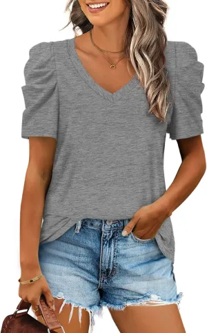 XIEERDUO Womens Summer Shirt V Neck Casual Tshirts Puff Sleeve Tops for Women Solid Color XS-3XL