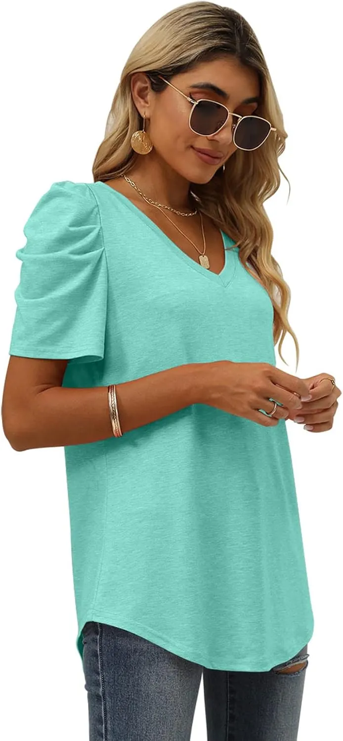XIEERDUO Womens Summer Shirt V Neck Casual Tshirts Puff Sleeve Tops for Women Solid Color XS-3XL