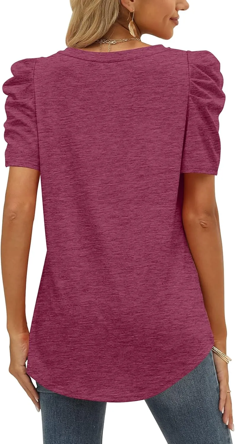 XIEERDUO Womens Summer Shirt V Neck Casual Tshirts Puff Sleeve Tops for Women Solid Color XS-3XL