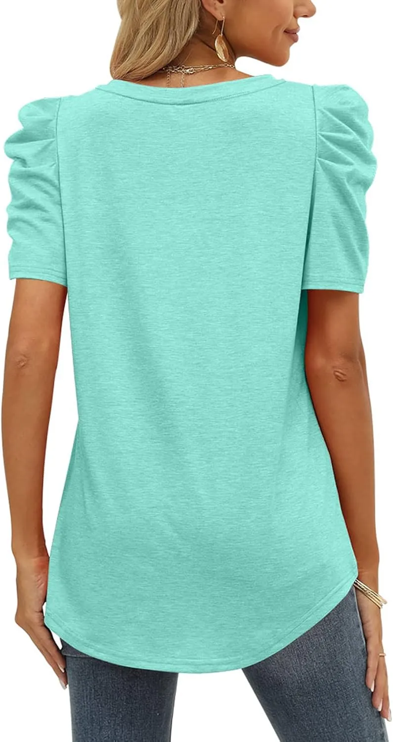 XIEERDUO Womens Summer Shirt V Neck Casual Tshirts Puff Sleeve Tops for Women Solid Color XS-3XL