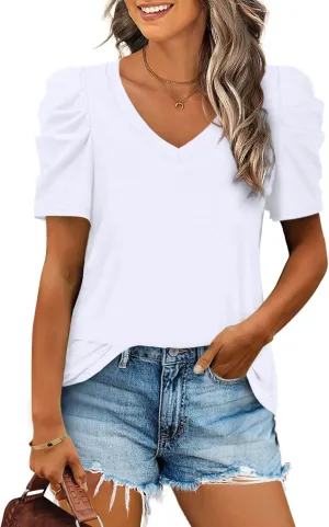XIEERDUO Womens Summer Shirt V Neck Casual Tshirts Puff Sleeve Tops for Women Solid Color XS-3XL