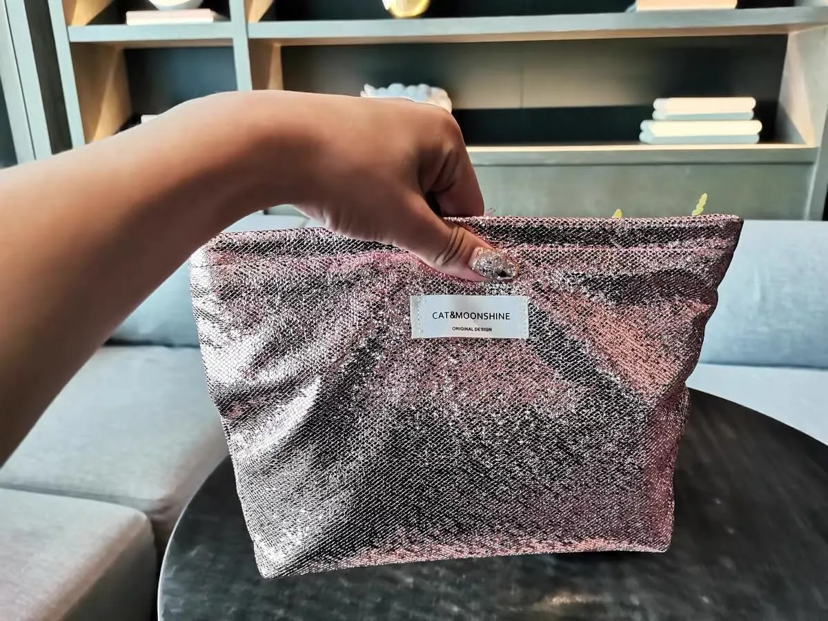 XPONNI Sequin Makeup Bag Bling Cosmetic Bag Sparkle Purse Coquette Makeup Bag Aesthetic Makeup Bag Y2k Accessories (Pink)