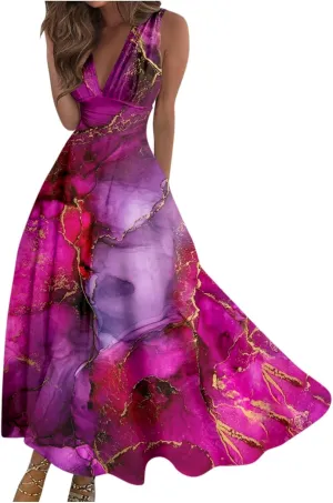 Yesunpxs Summer Dresses for Women 2024 Printed Flowy Ruched Boho Sundresses Wrap V Neck Sleeveless Beach Dresses Maxi Dress