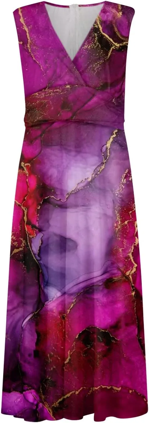 Yesunpxs Summer Dresses for Women 2024 Printed Flowy Ruched Boho Sundresses Wrap V Neck Sleeveless Beach Dresses Maxi Dress