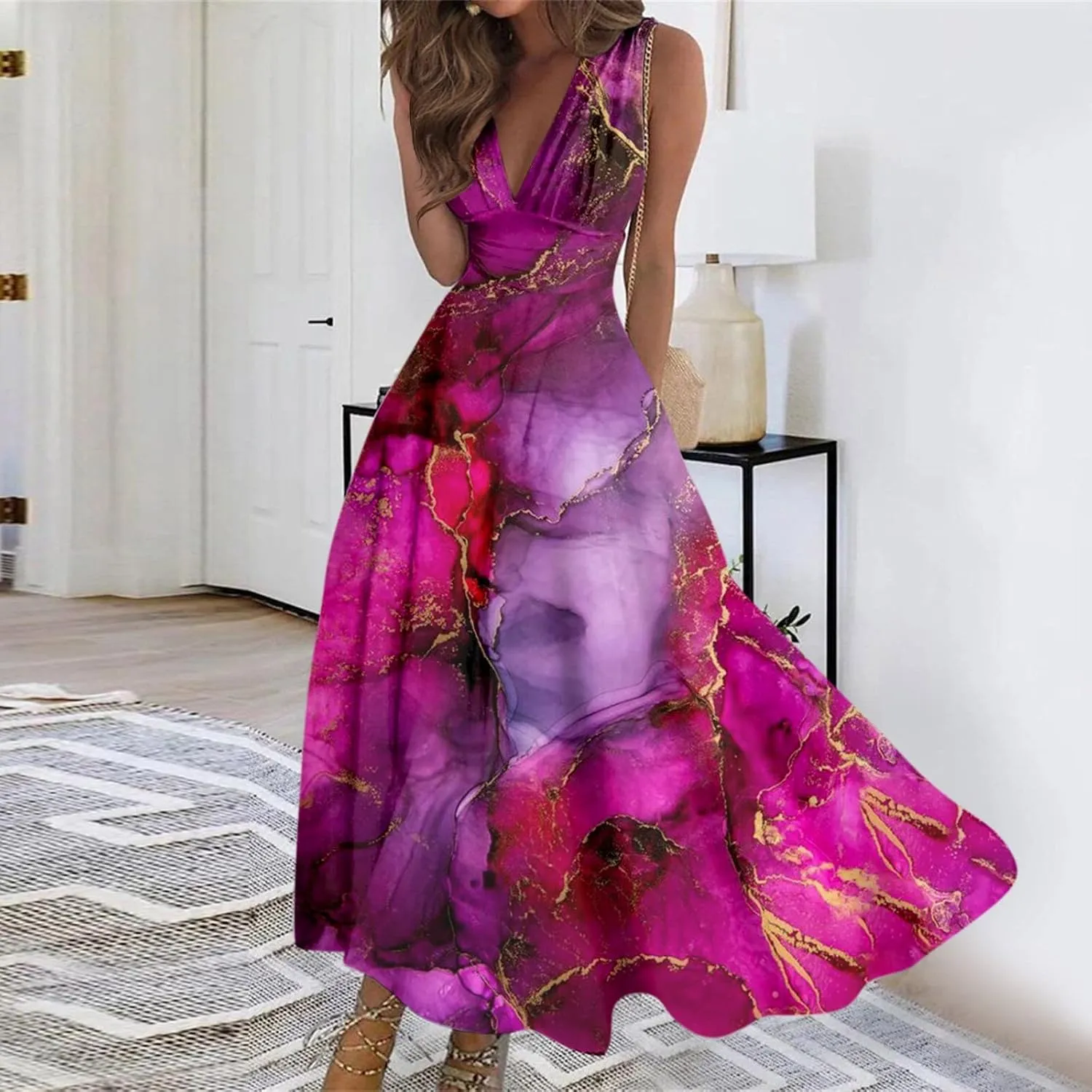 Yesunpxs Summer Dresses for Women 2024 Printed Flowy Ruched Boho Sundresses Wrap V Neck Sleeveless Beach Dresses Maxi Dress