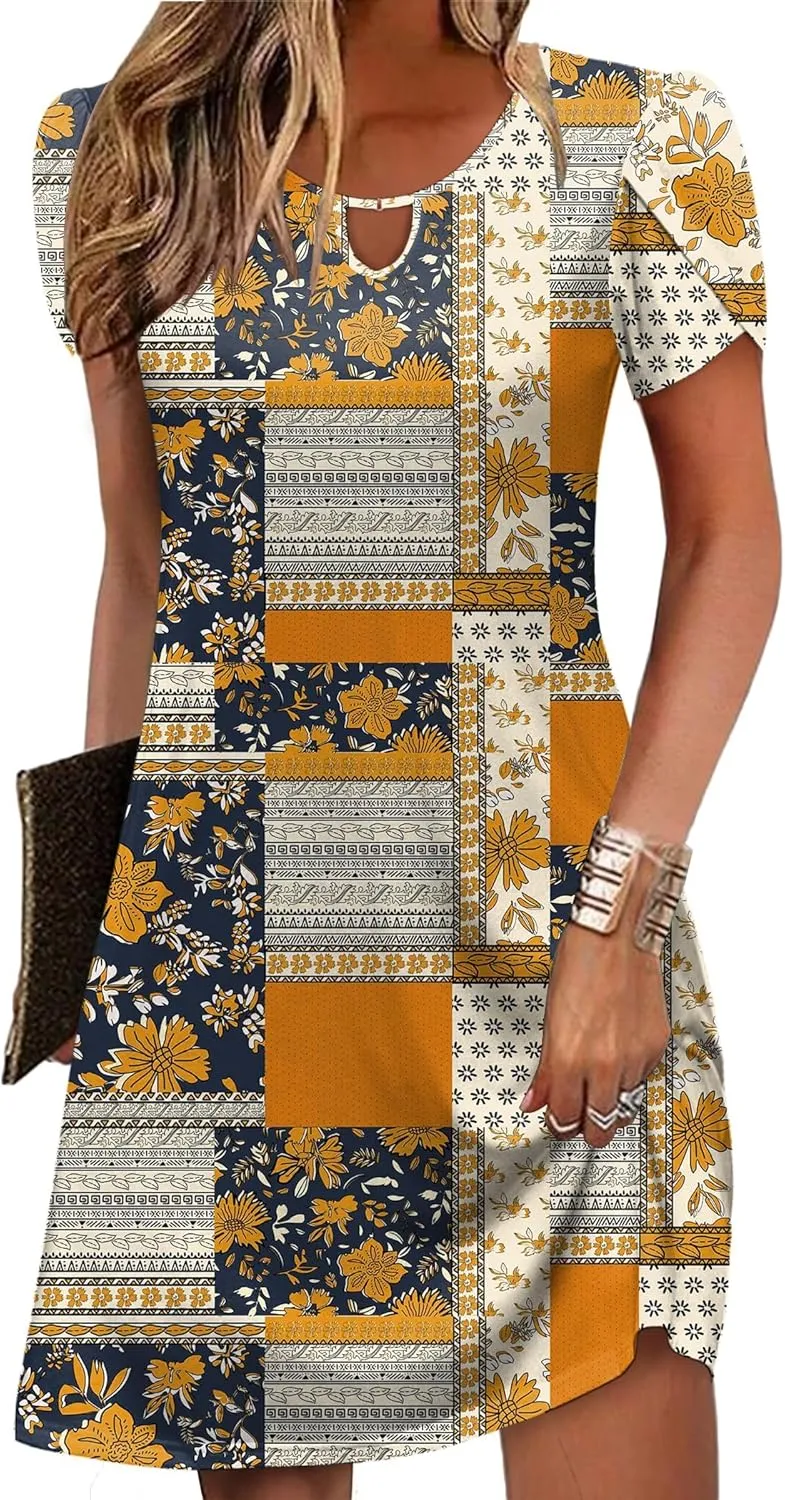 Zeagoo Women's Casual A-Line Dresses with Pockets Summer Floral Tshirt Dress Short Sleeve Mini Dress Flowy Sundresses