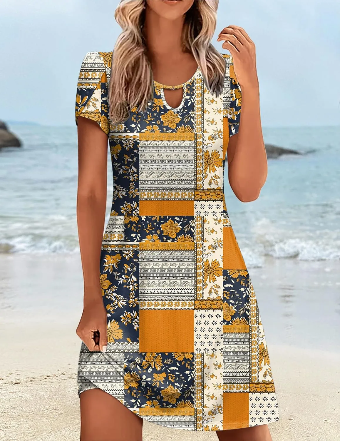 Zeagoo Women's Casual A-Line Dresses with Pockets Summer Floral Tshirt Dress Short Sleeve Mini Dress Flowy Sundresses