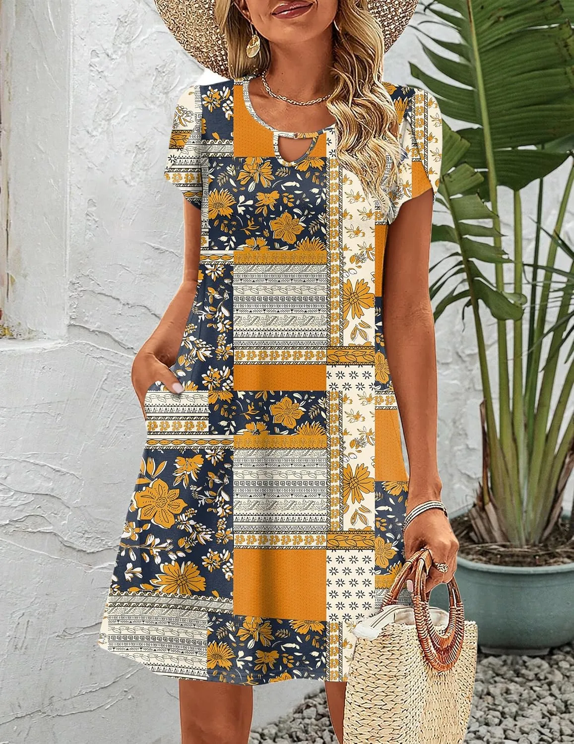 Zeagoo Women's Casual A-Line Dresses with Pockets Summer Floral Tshirt Dress Short Sleeve Mini Dress Flowy Sundresses