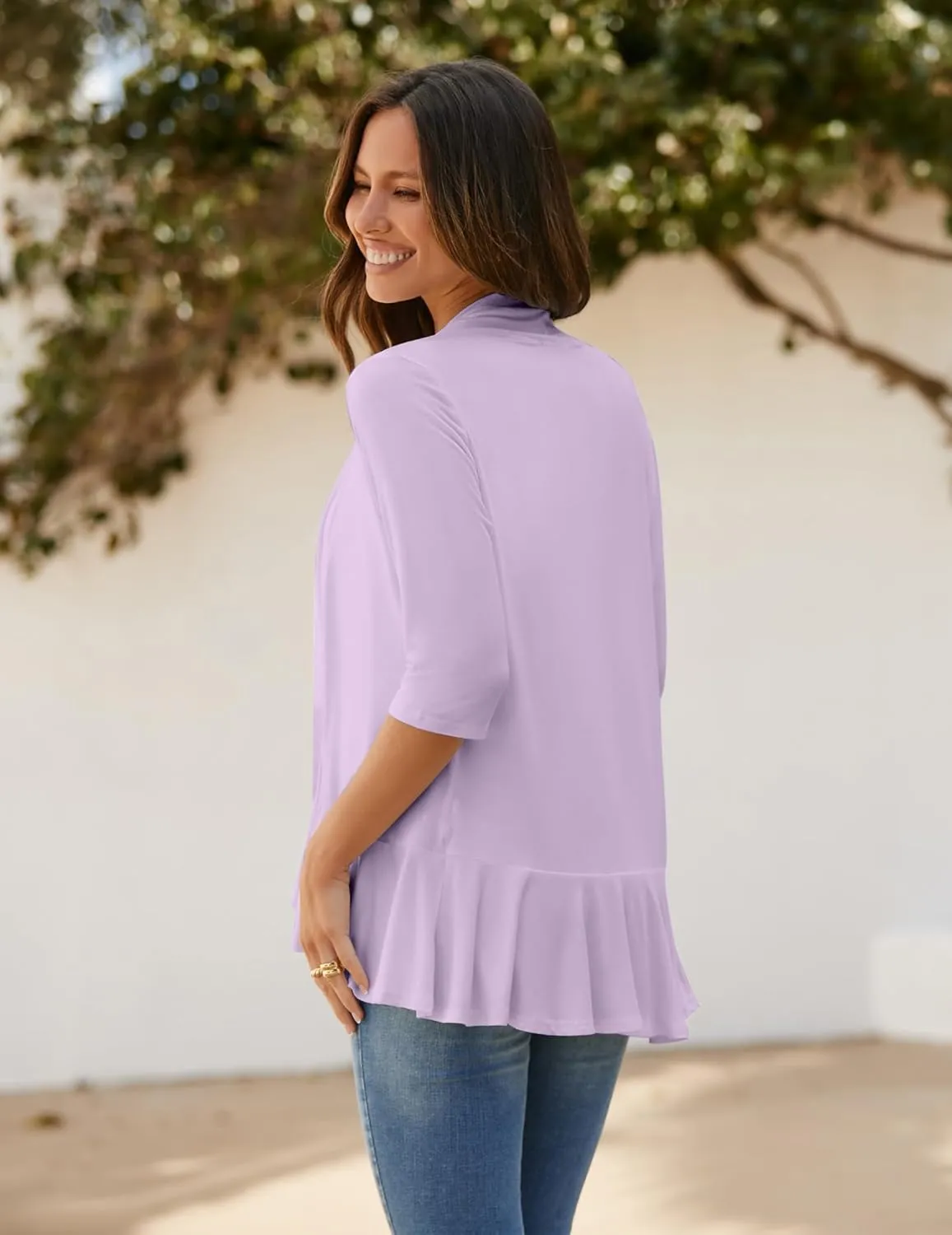 Zeagoo Women's Open Front Cardigan 3/4 Sleeve Draped Ruffles Soft Knit Sweaters S-3XL