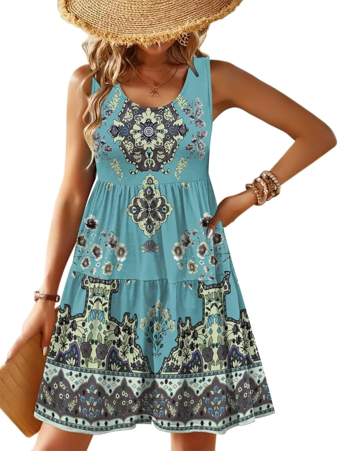 Zeagoo Womens Summer Sundress Boho Floral Casual Tank Dresses with Pockets Sleeveless Tiered Swing A Line Beach Dress
