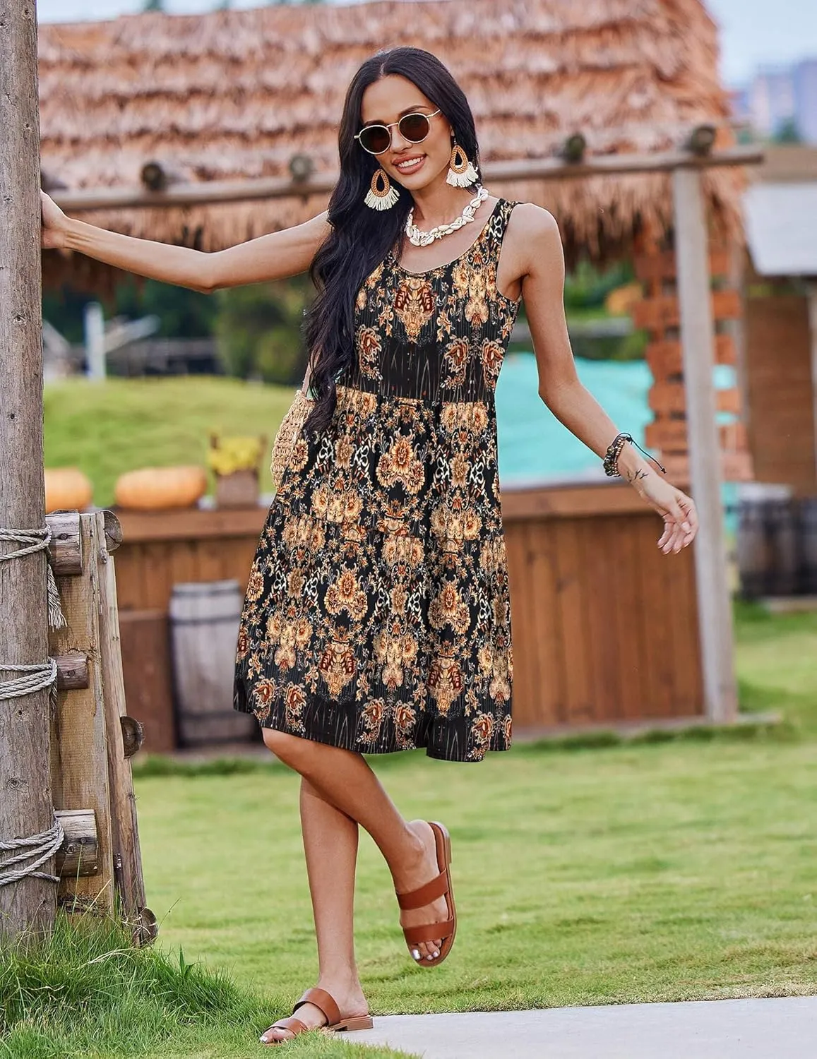 Zeagoo Womens Summer Sundress Boho Floral Casual Tank Dresses with Pockets Sleeveless Tiered Swing A Line Beach Dress