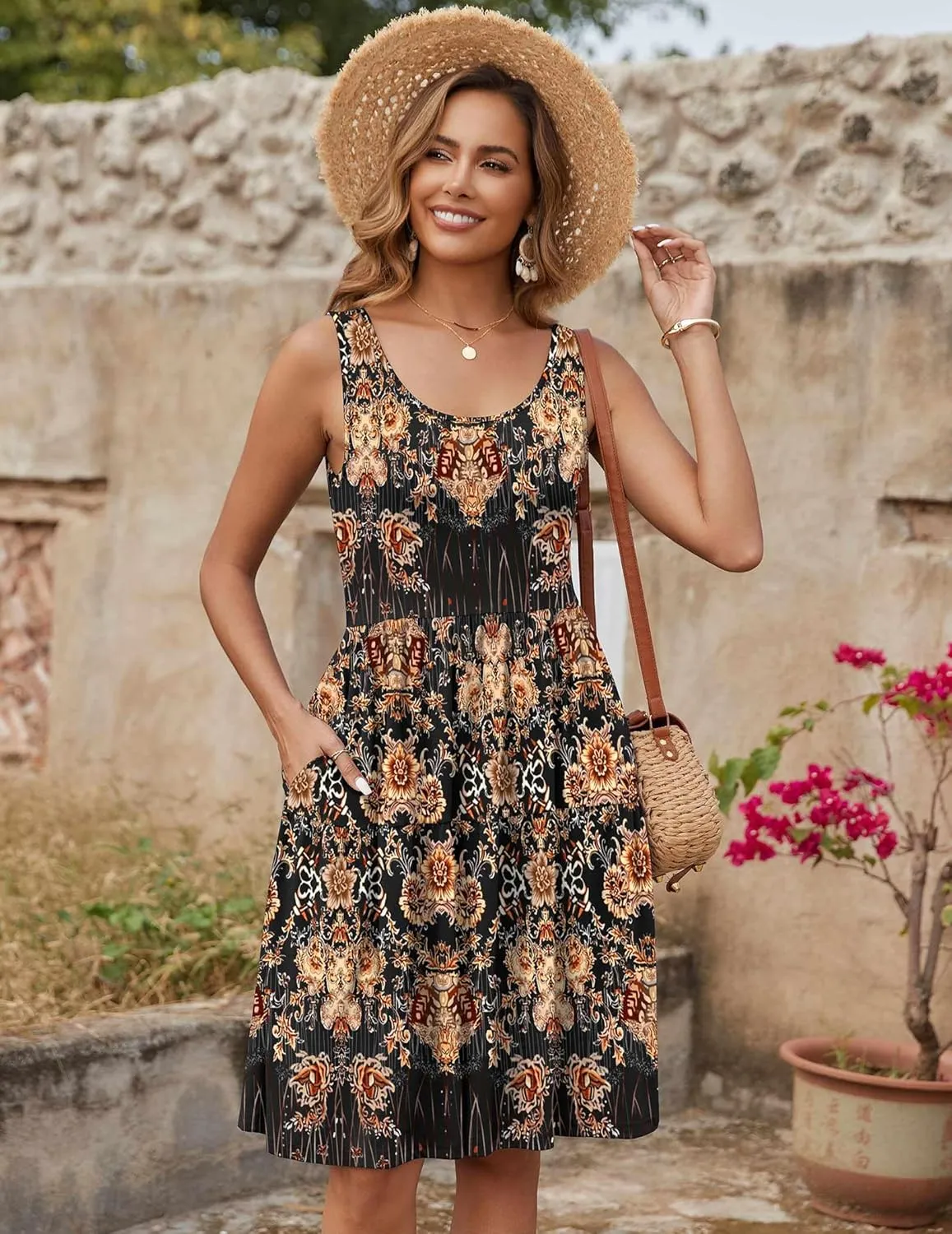 Zeagoo Womens Summer Sundress Boho Floral Casual Tank Dresses with Pockets Sleeveless Tiered Swing A Line Beach Dress