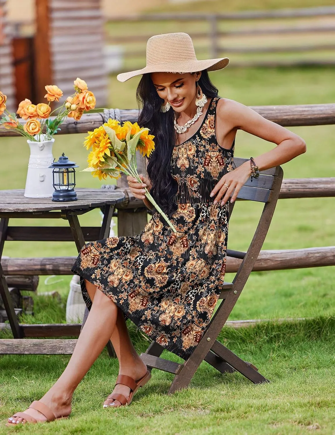 Zeagoo Womens Summer Sundress Boho Floral Casual Tank Dresses with Pockets Sleeveless Tiered Swing A Line Beach Dress
