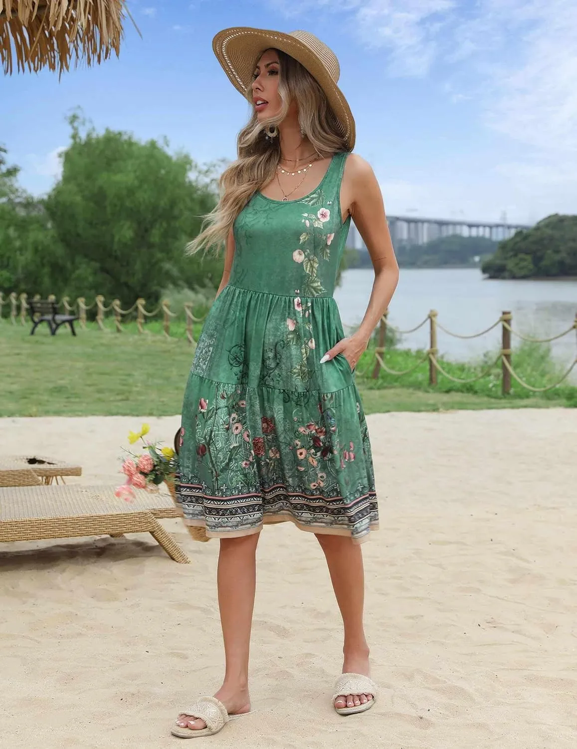 Zeagoo Womens Summer Sundress Boho Floral Casual Tank Dresses with Pockets Sleeveless Tiered Swing A Line Beach Dress