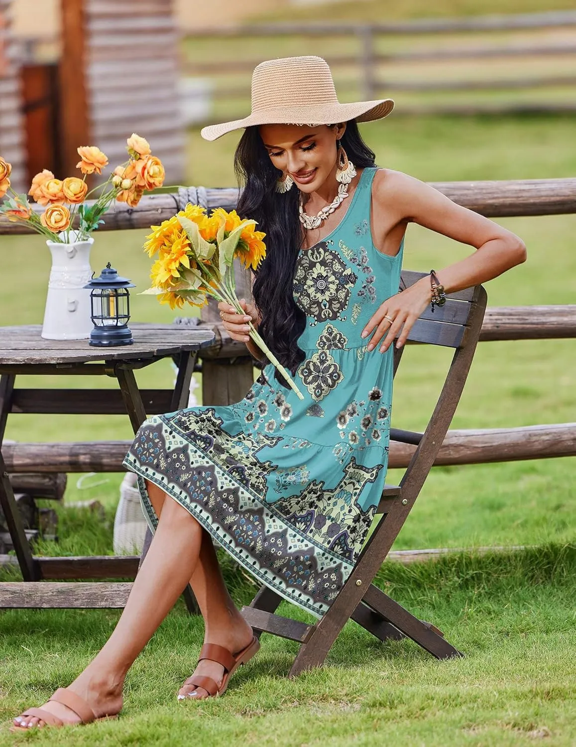 Zeagoo Womens Summer Sundress Boho Floral Casual Tank Dresses with Pockets Sleeveless Tiered Swing A Line Beach Dress